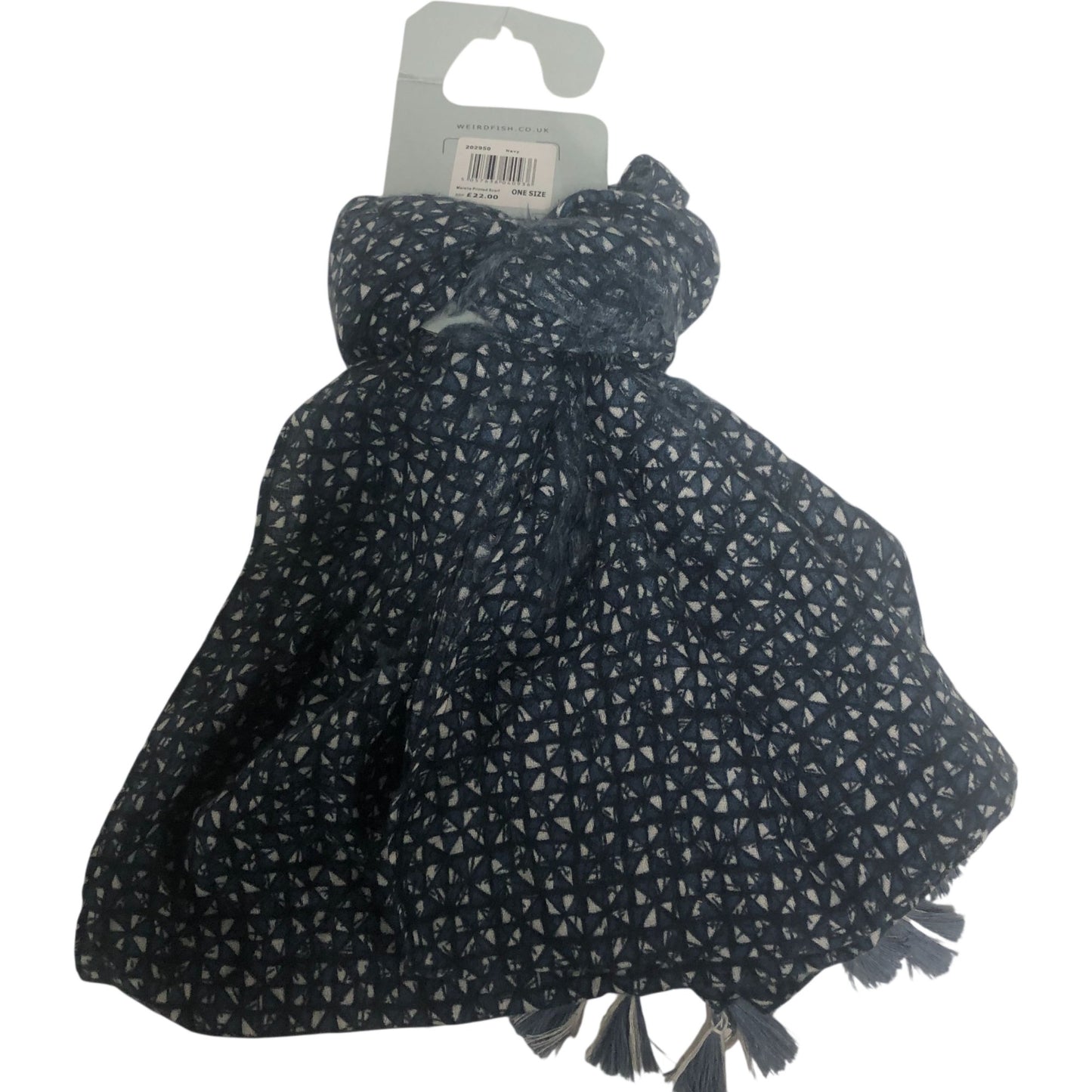 Weird Fish Marelia Printed Scarf One Size Navy Patterned Tassel Detail