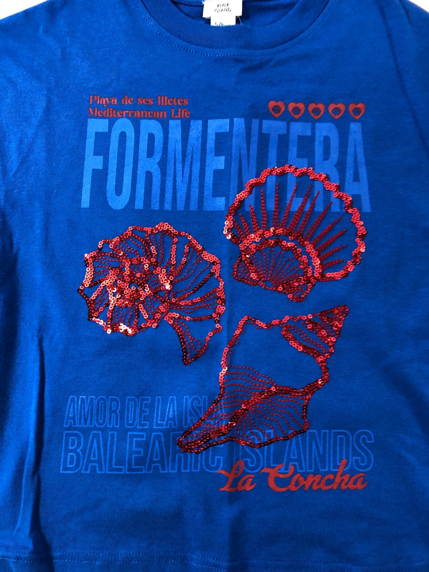 FORMENTERA Girls Cropped T-Shirt Blue Sequin Shells 11-12 Years