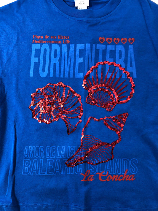 FORMENTERA Girls Cropped T-Shirt Blue Sequin Shells 11-12 Years