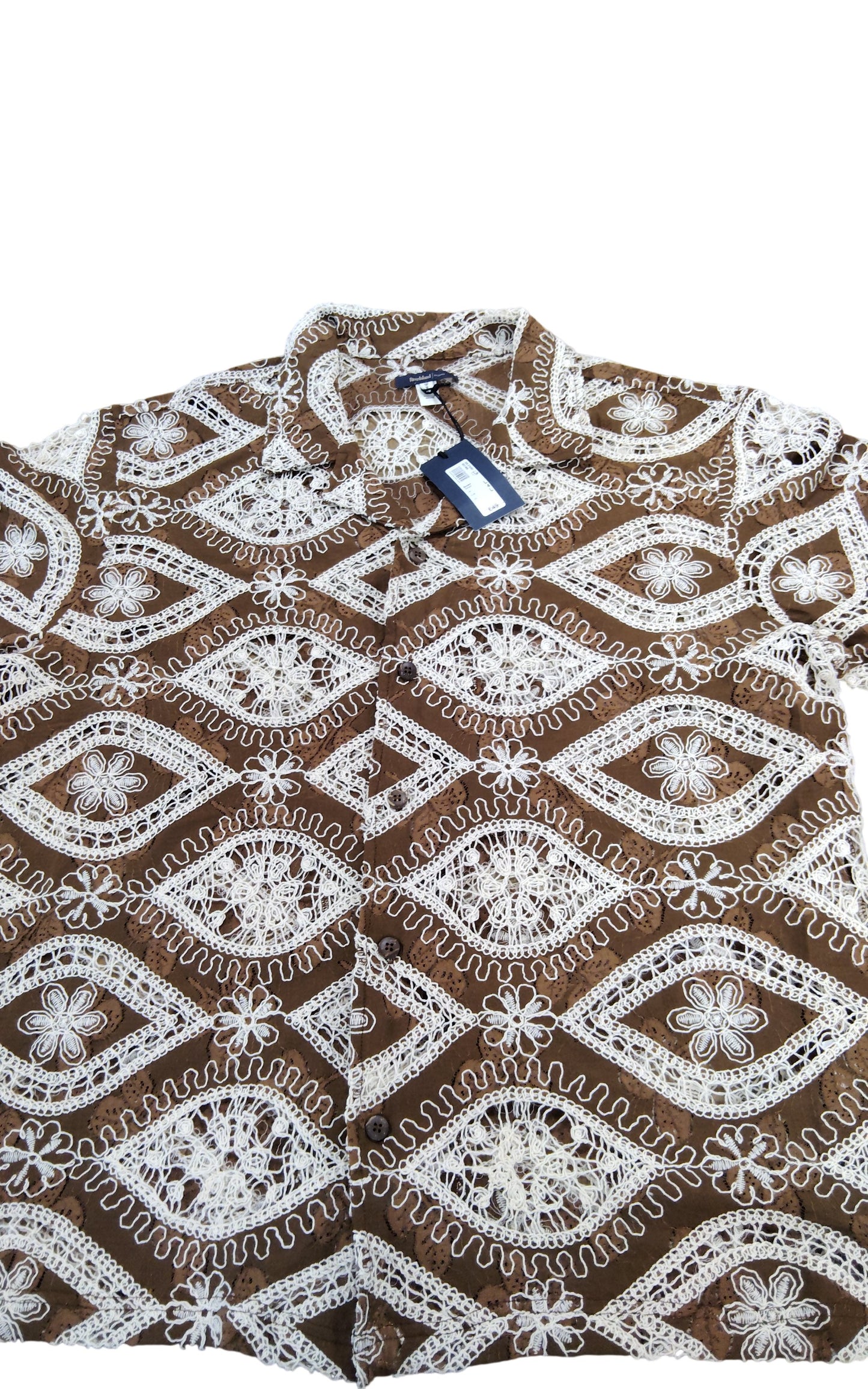 River Island Studios Brown Embroidered Shirt UK L Men's Short Sleeve Top