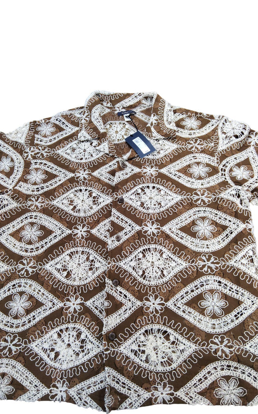 River Island Studios Brown Embroidered Shirt UK L Men's Short Sleeve Top