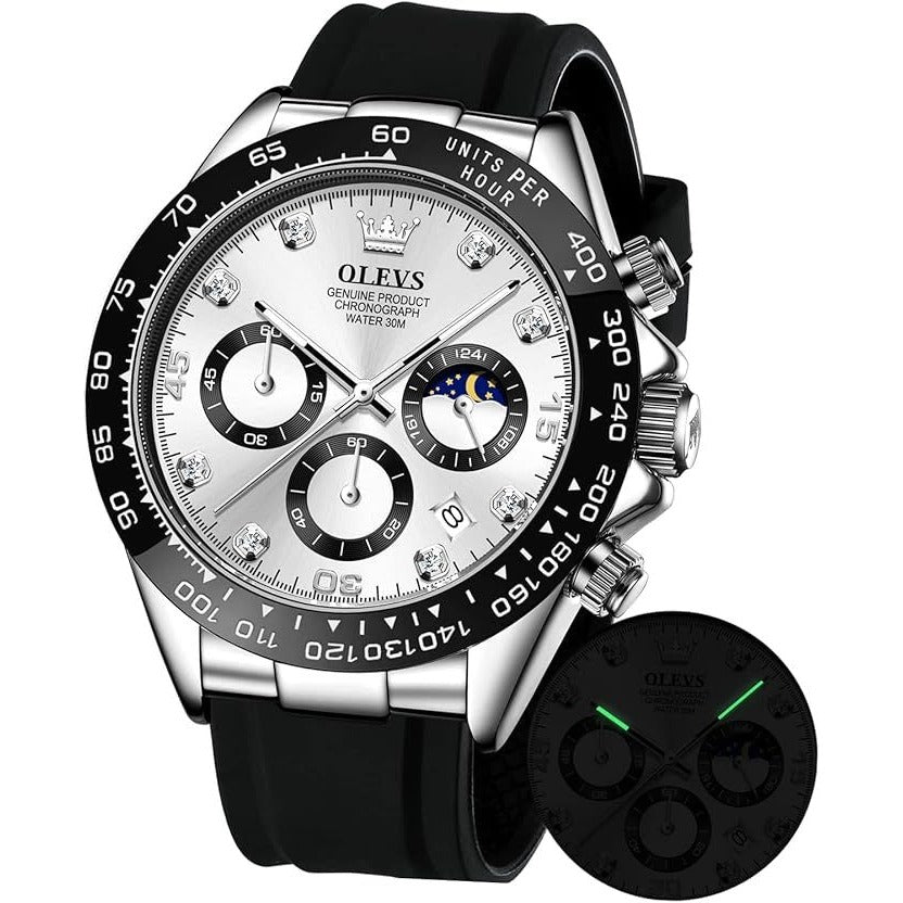 OLEVS Chronograph Watch Water Resistant 30m Men's Black Strap Silver 2875