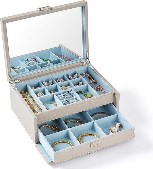 Vee&Co Jewellery Organiser Grey And Blue 2 Layers With Mirror