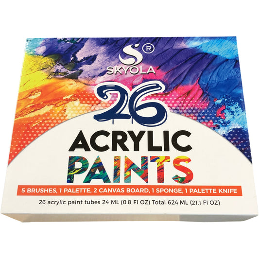 Skyola 26 Acrylic Paint Set Including 5 Brushes Palette Sponge And Palette Knife