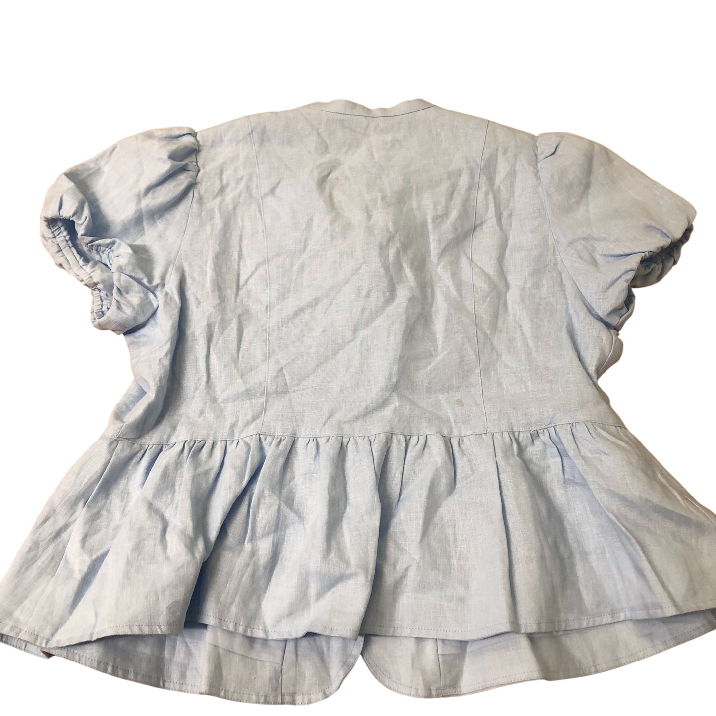 Short Sleeve Peplum Blouse Women's Light Blue Linen Button-Up Medium