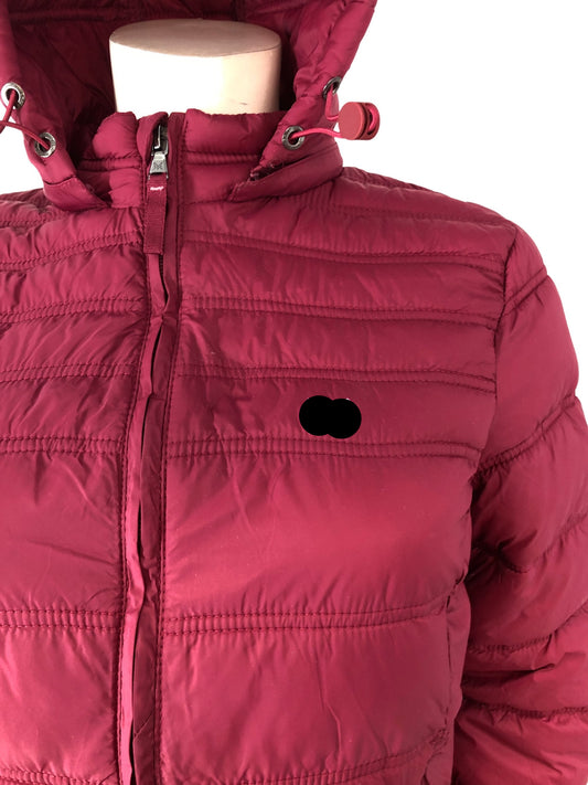 Branded Puffer Jacket Women's Hooded Burgundy Quilted Size 10