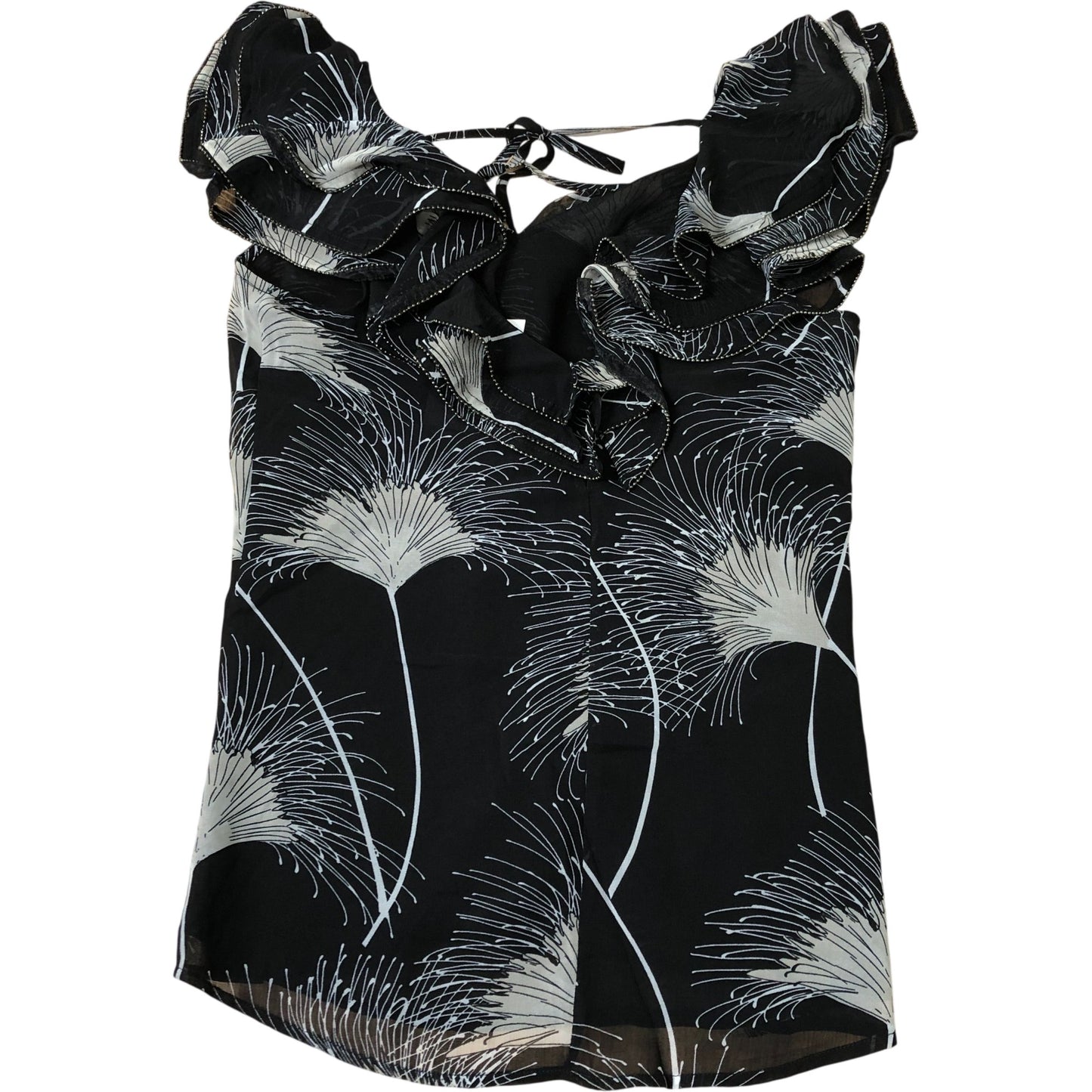 Women's Black Floral Print Chiffon Top Sleeveless Tie Neck XS