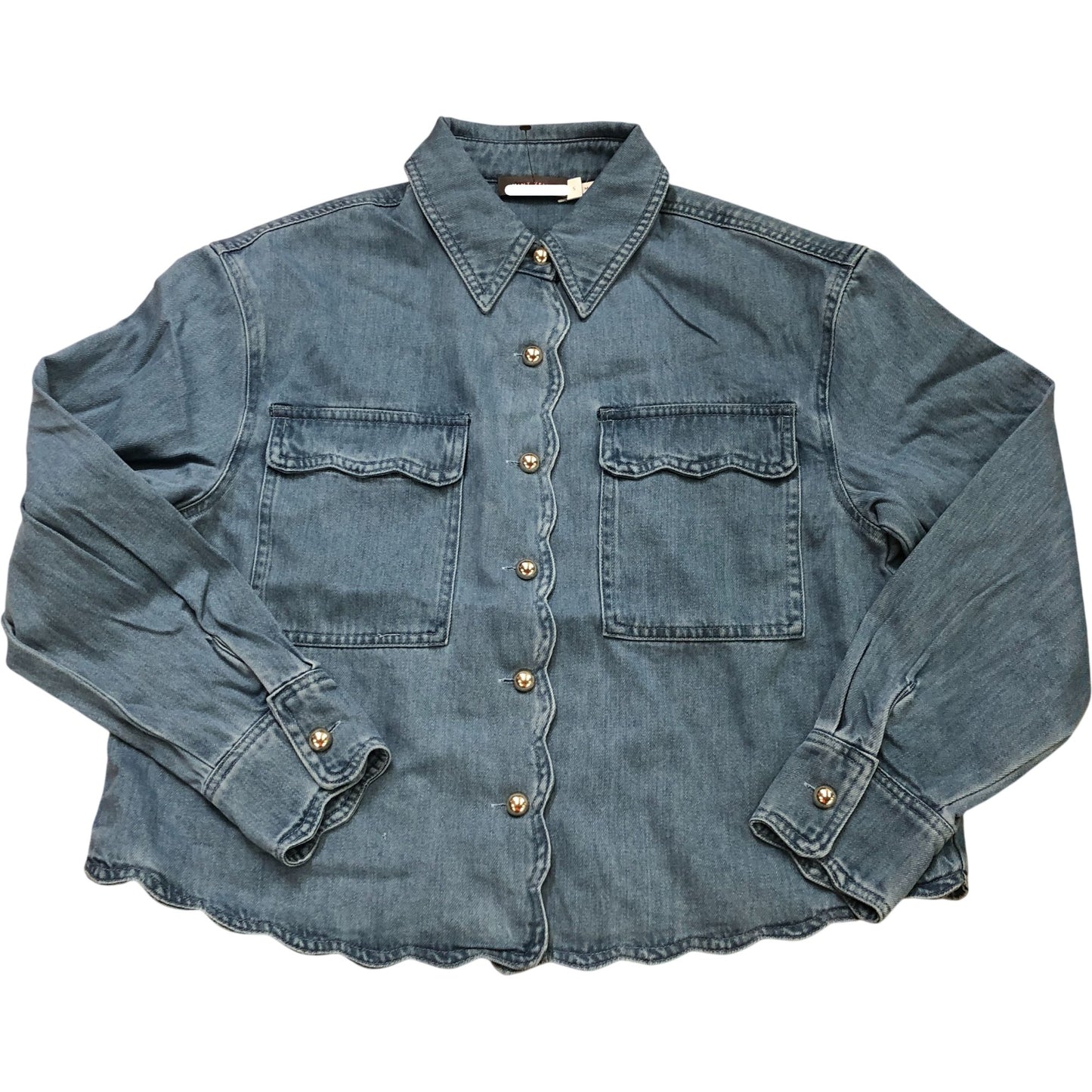 Scallop Trim Denim Shirt Mid Indigo Size L
