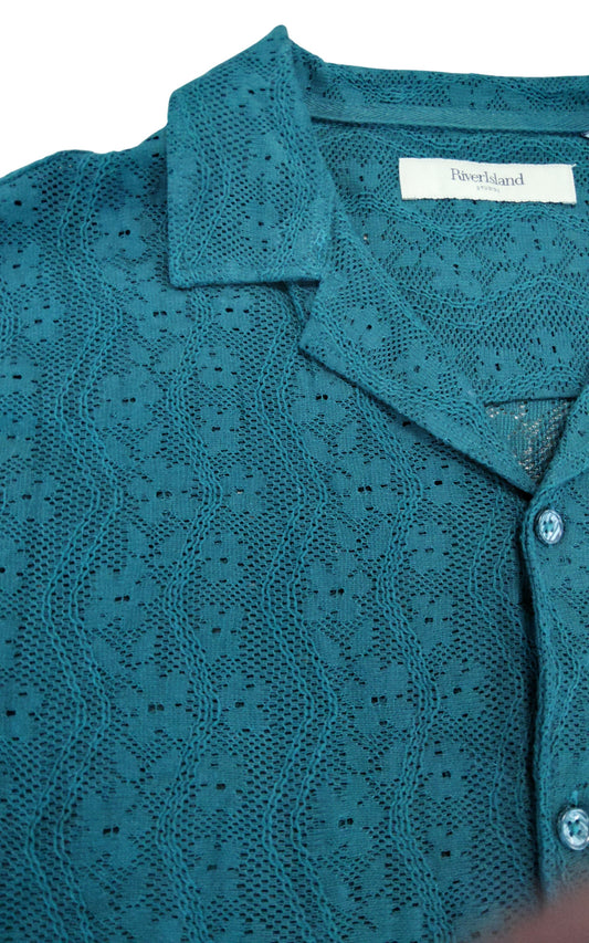River Island Large Women's Short Sleeve Button Up Shirt Green Lace Pattern