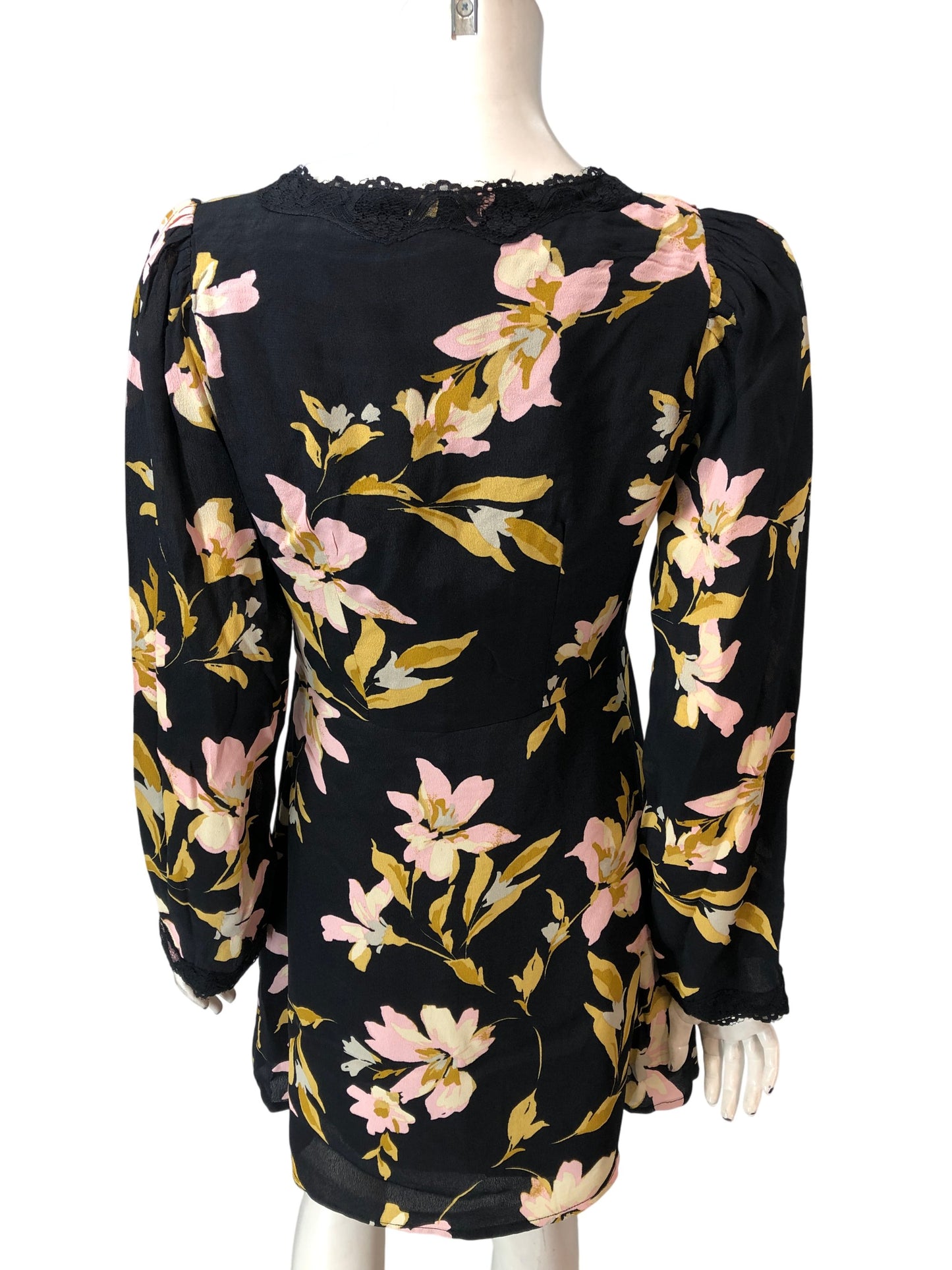 River Island Floral Dress UK8 Women's Black Yellow Pink Long Sleeve Lace