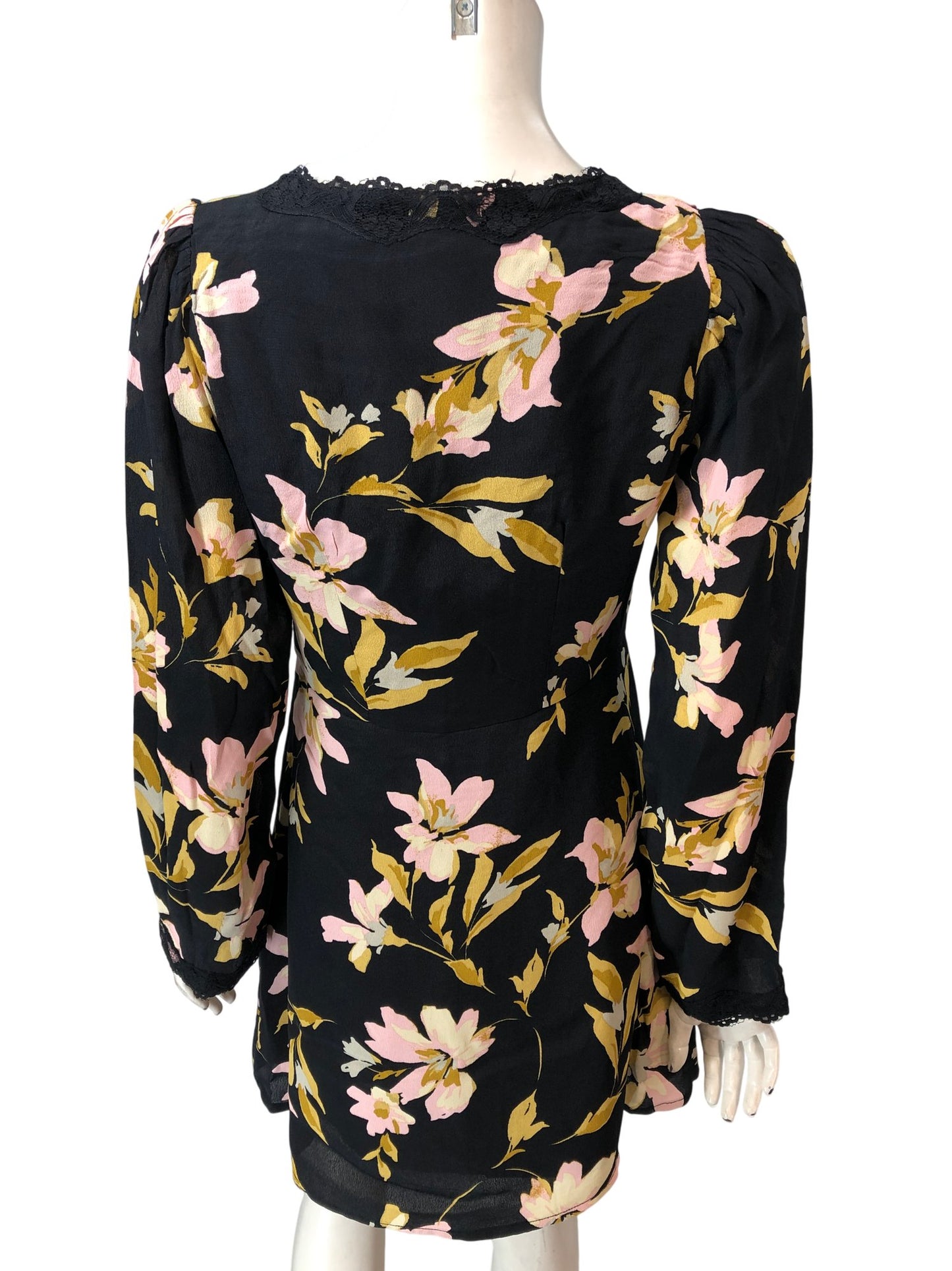 River Island Floral Dress UK8 Women's Black Yellow Pink Long Sleeve Lace