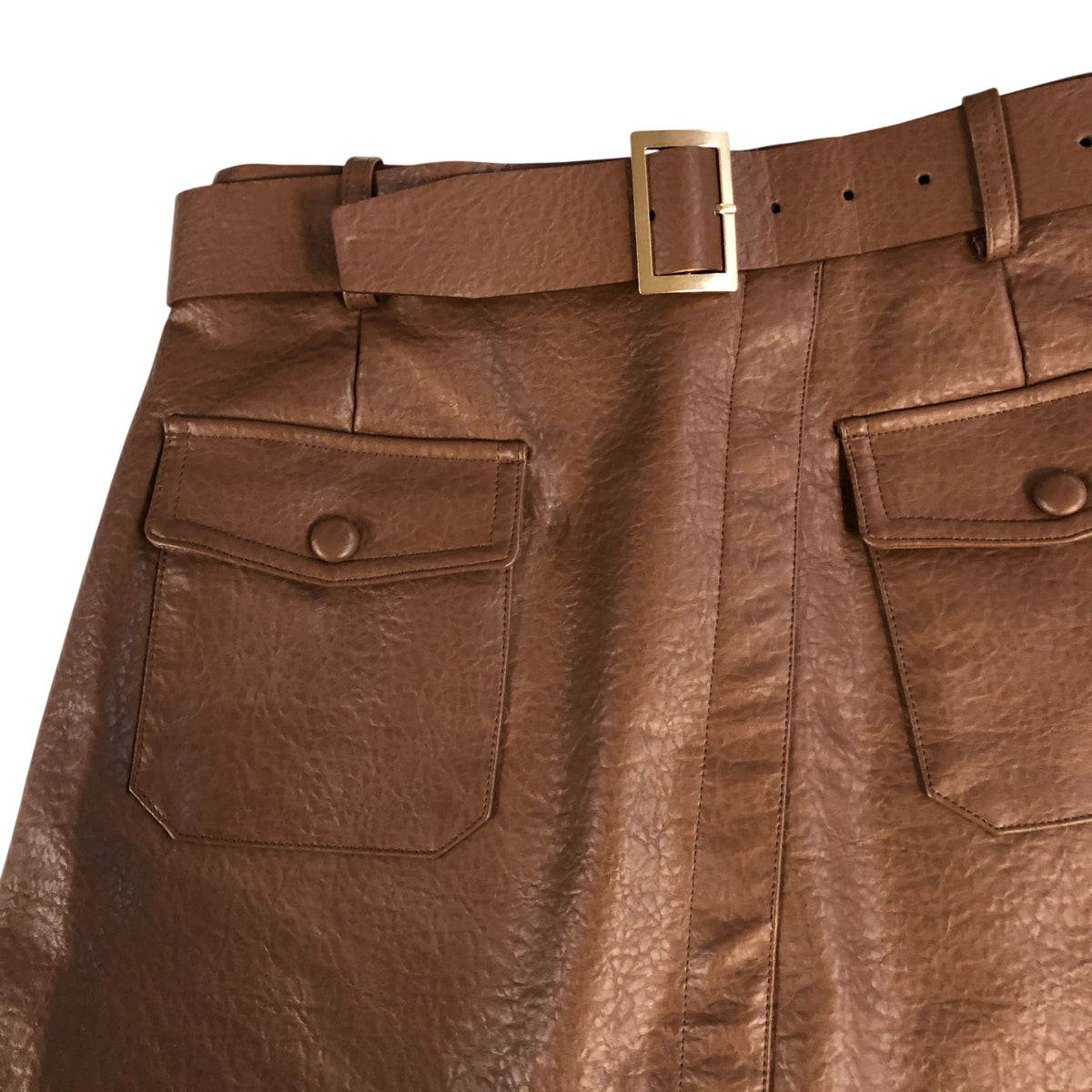 River Island Brown Faux Leather Skirt UK8 Women's A-Line Belted Pocket Detail