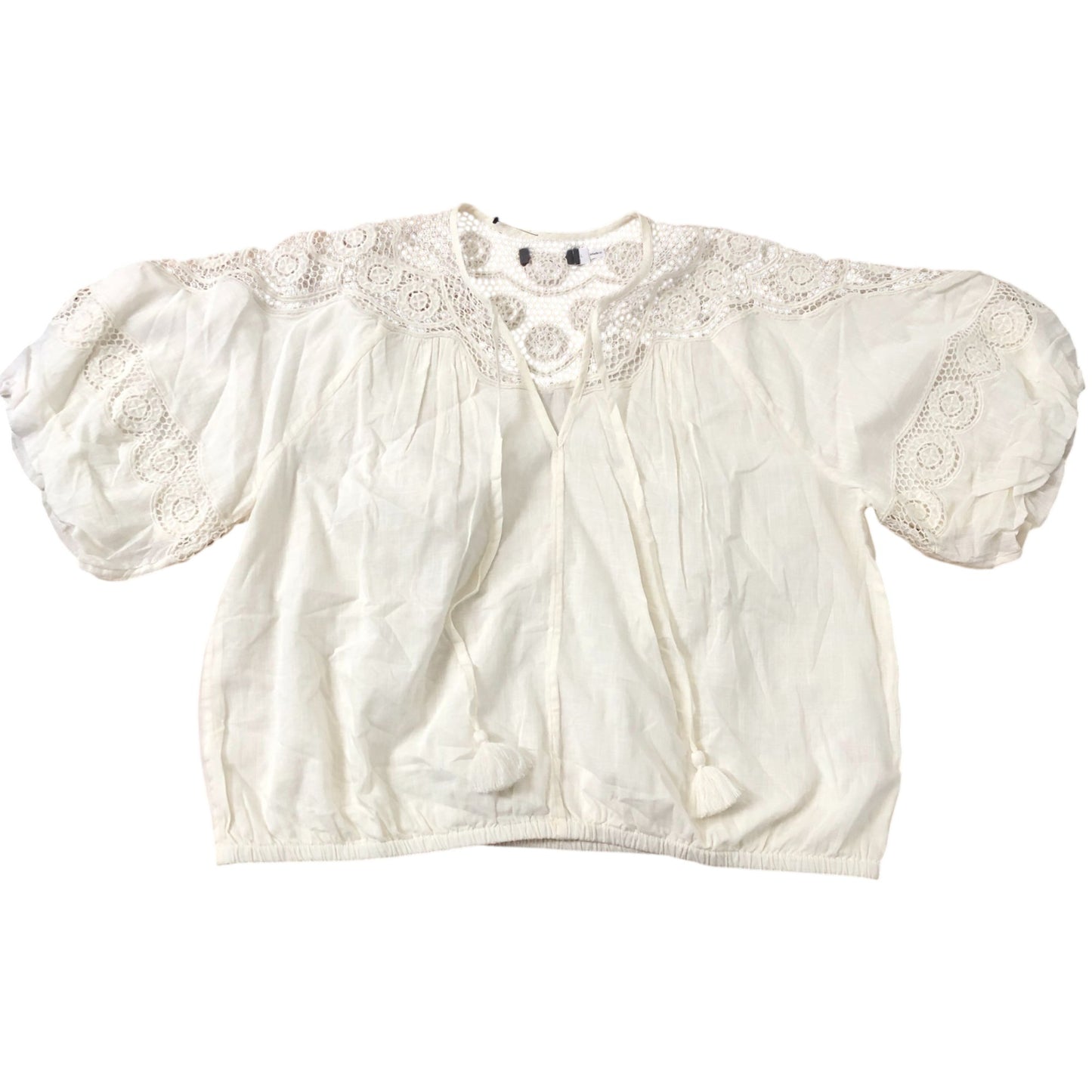 Lace Detail Blouse Size 16 Women's Cream Soft Cotton Puff Sleeve