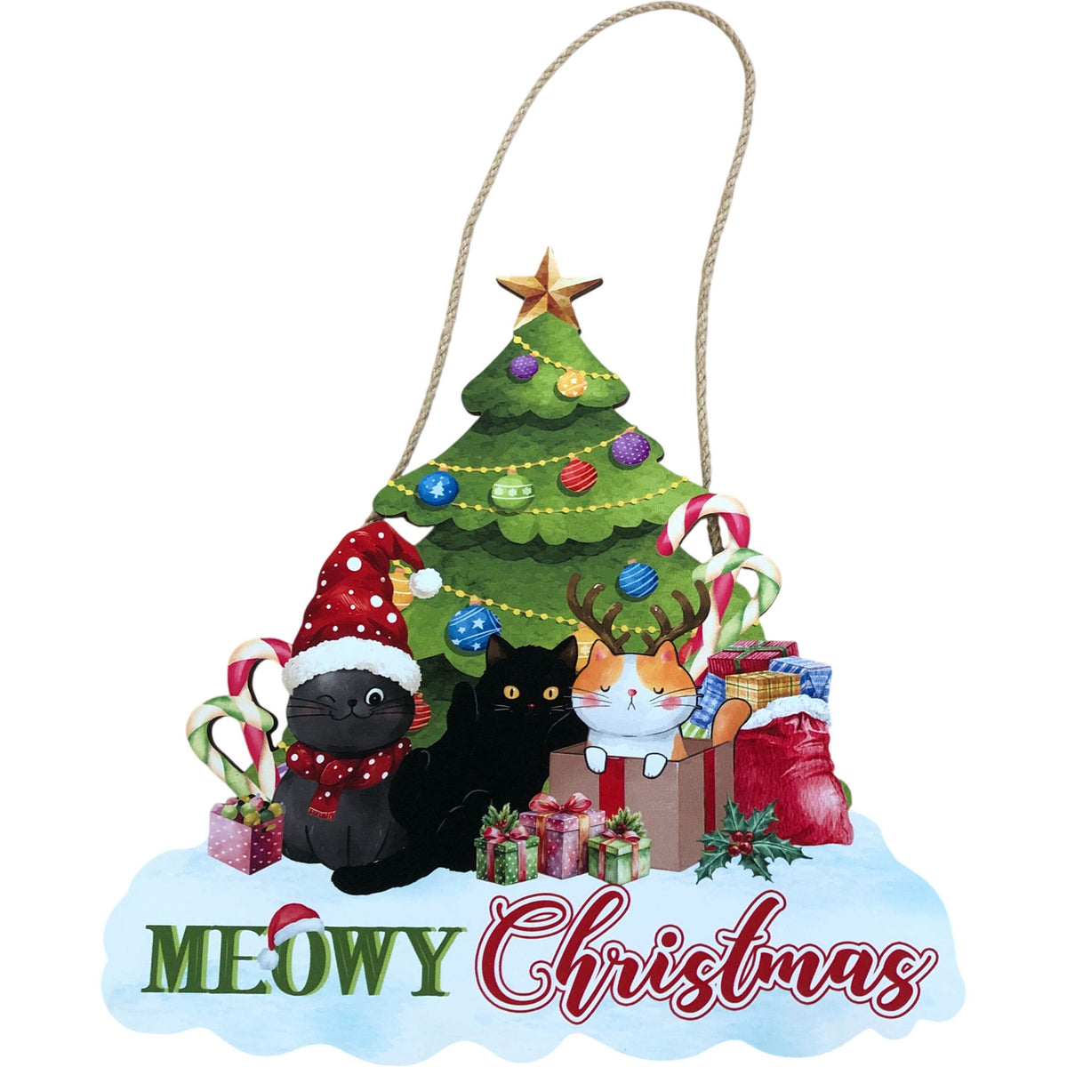 Meowy Christmas Cat Wall Décor Festive Wooden Plaque Holiday Sign