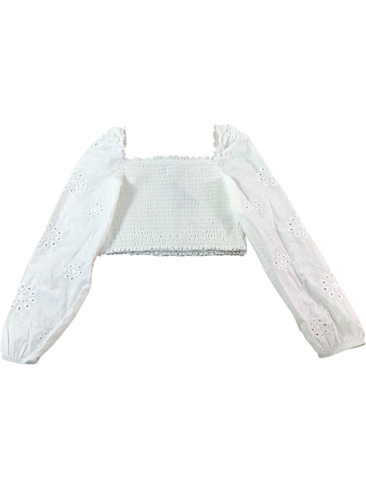 RIVER ISLAND Girls White Smocked Top UK7-8 Years Floral Embroidery Long Sleeve