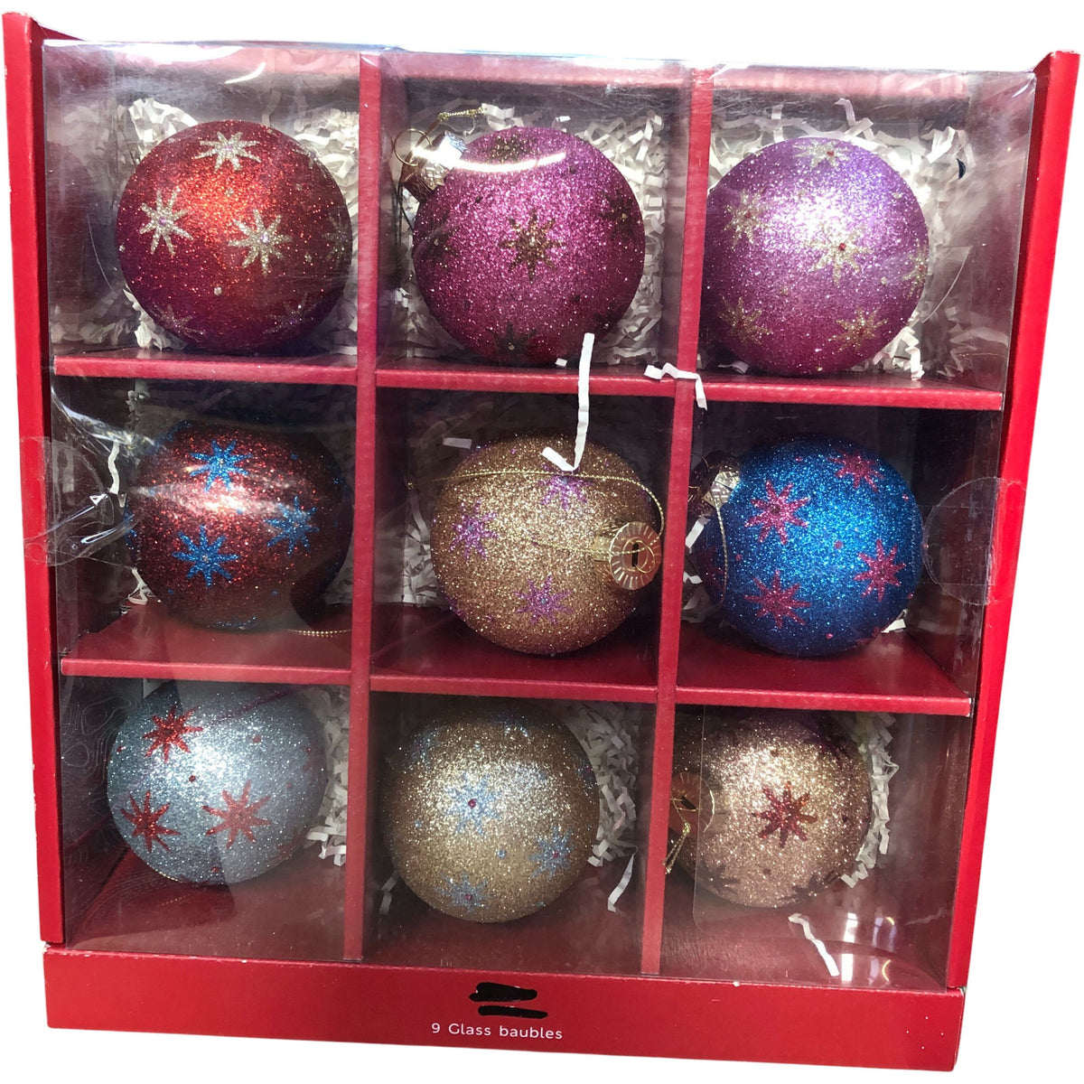 9 Glass Baubles Christmas Ornaments Glitter Red Pink Gold Blue Silver Set