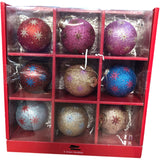 9 Glass Baubles Christmas Ornaments Glitter Red Pink Gold Blue Silver Set