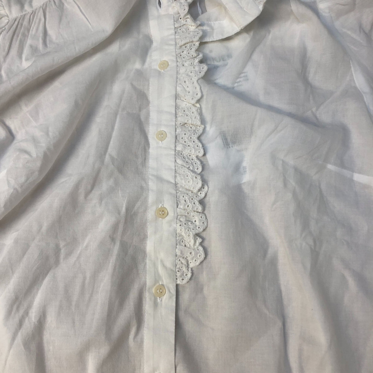Baukjen White Blouse UK10 Women's Cotton Long Sleeve Ruffled Neck Lace Detail