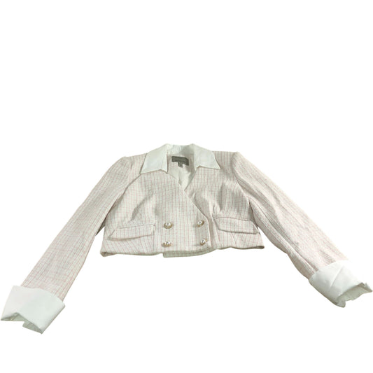 River Island Cropped Blazer Jacket UK8 Women's White Pink Tweed Double Breasted