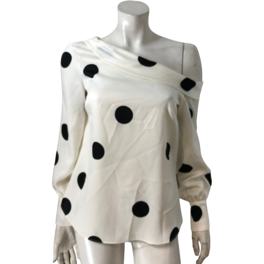 River Island Off Shoulder Blouse UK8 Women's Cream Polka Dot Satin Top