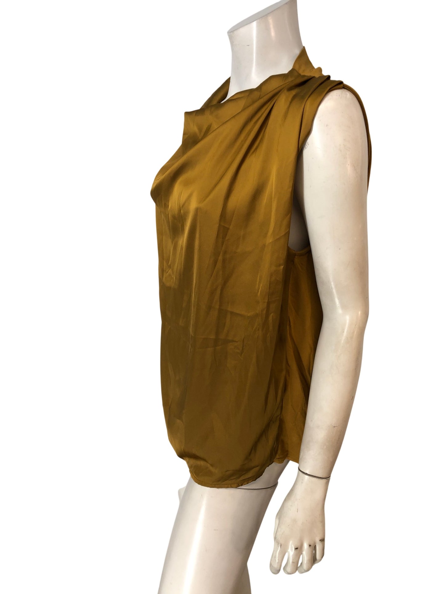River Island Women's Draped Top UK S Mustard Satin Textured Sleeveless Blouse