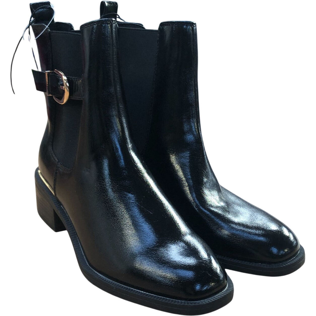 Chunky Heel Chelsea Boots UK Size 7 Women's Black Glossy Finish