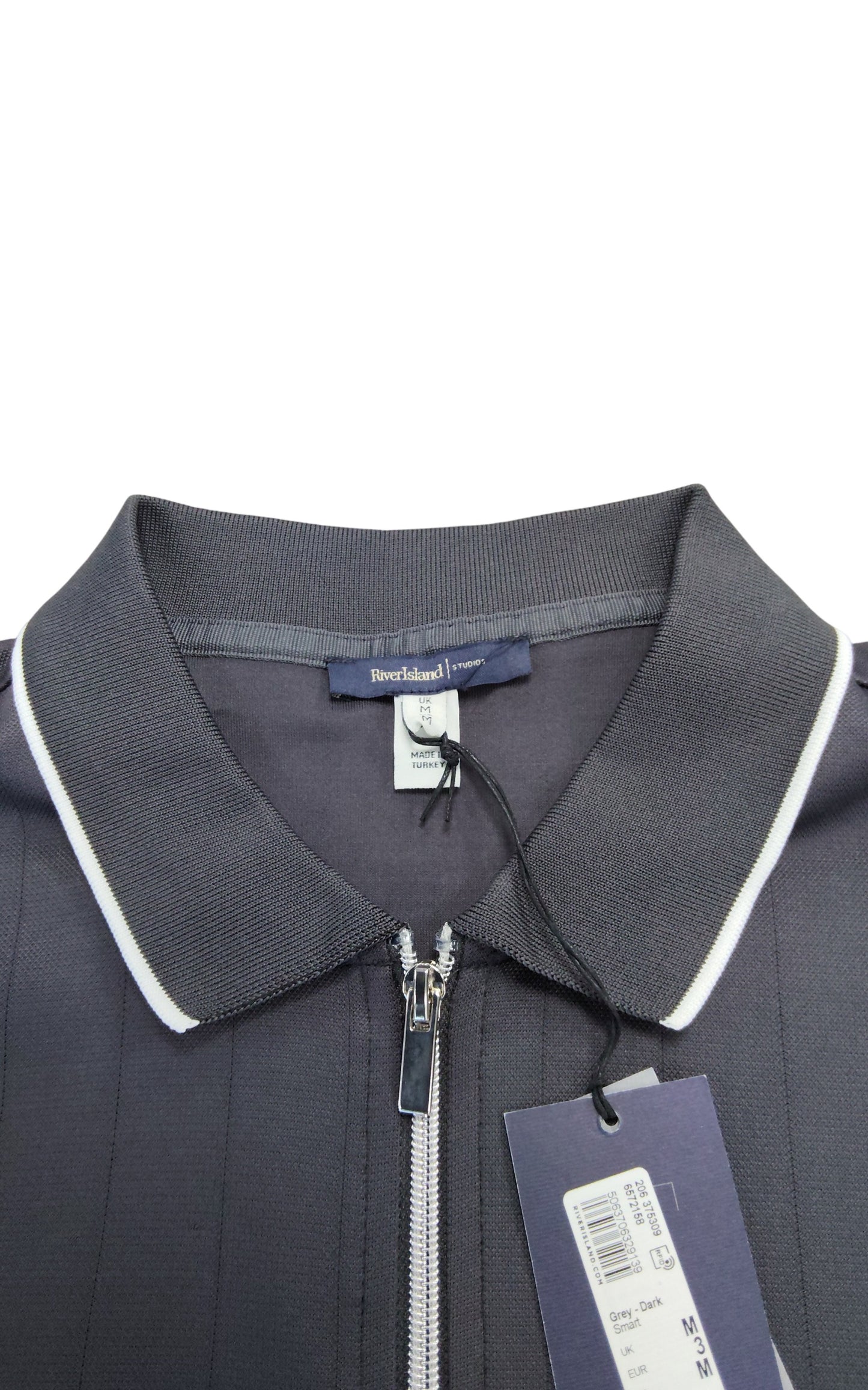 River Island Mens Zip Polo Shirt M Grey Dark Stylish Long Sleeve