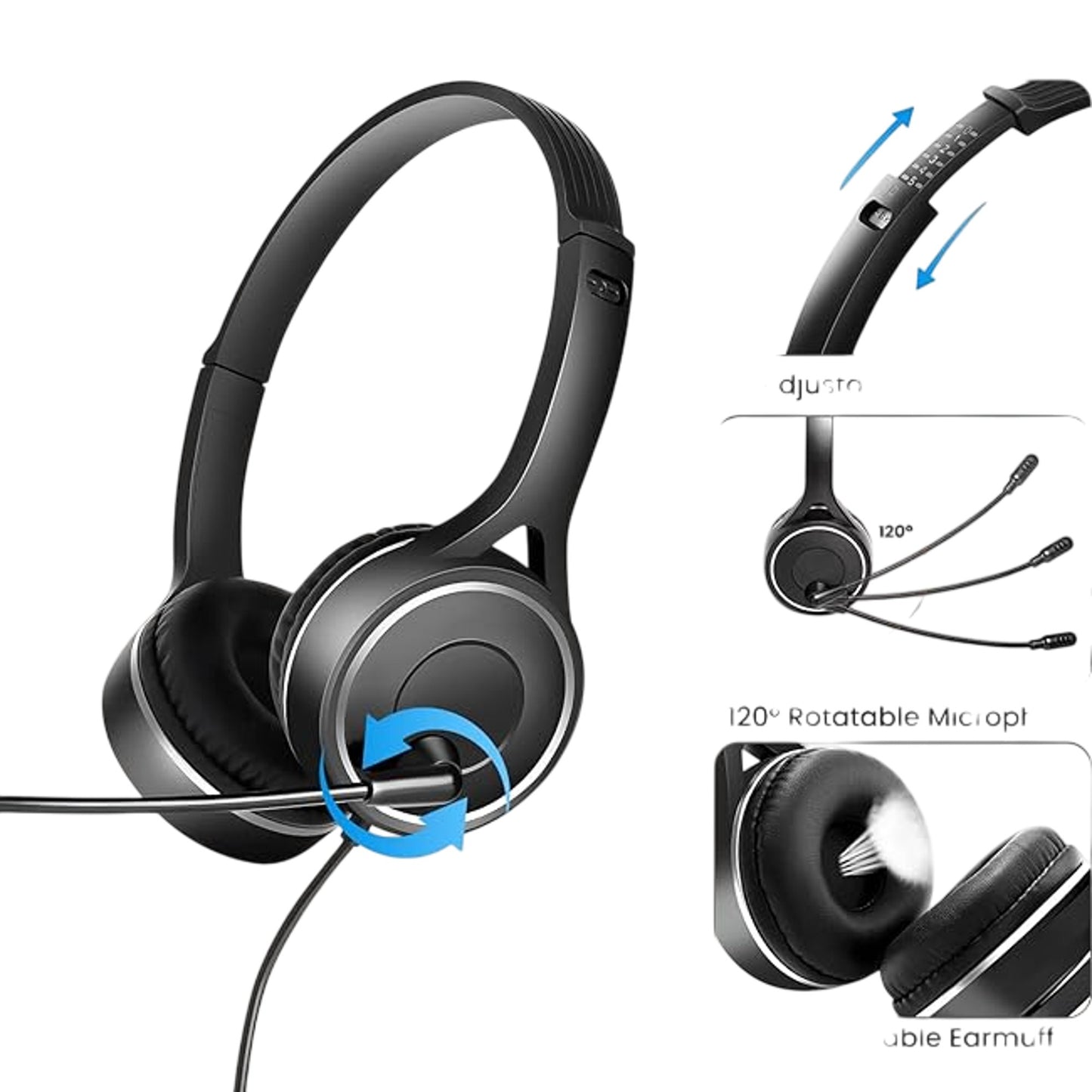 USB Headsets With Microphone for Laptop, USB, 3.5mm Jack, Type-C 3-in-1 Headsets