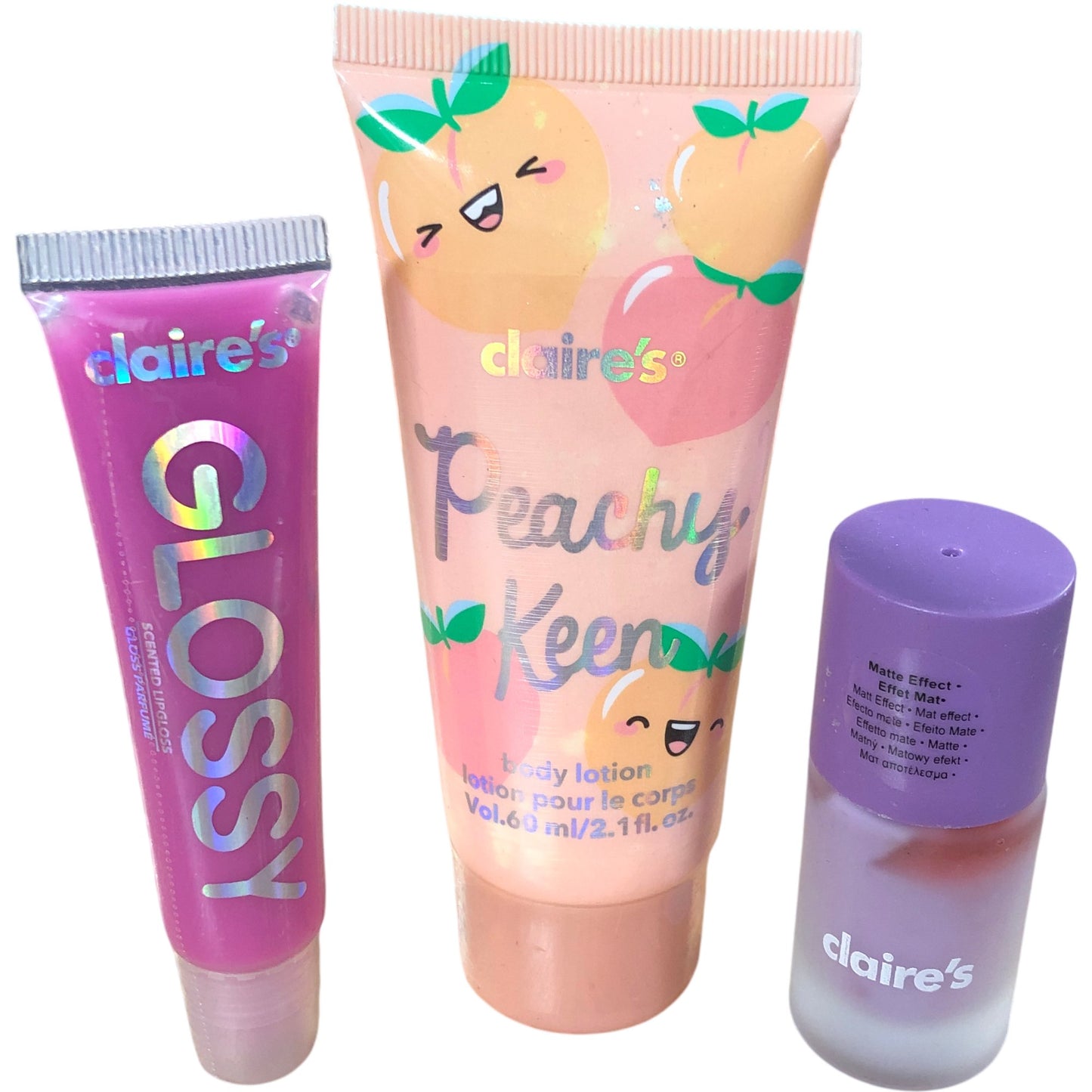 Claire's Glossy Lip Gloss Peachy Keen Body Lotion Matte Effect Lip Balm Set