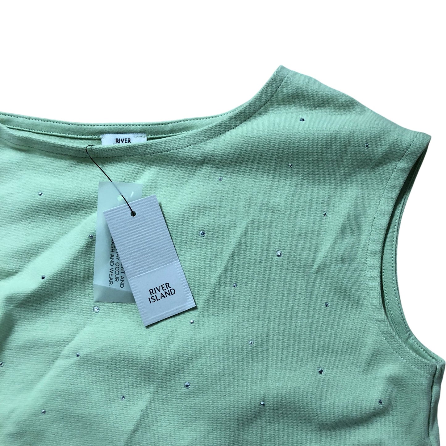 River Island Girls Tank Top 9-10 Years Light Green Gem Embellished Asymmetric