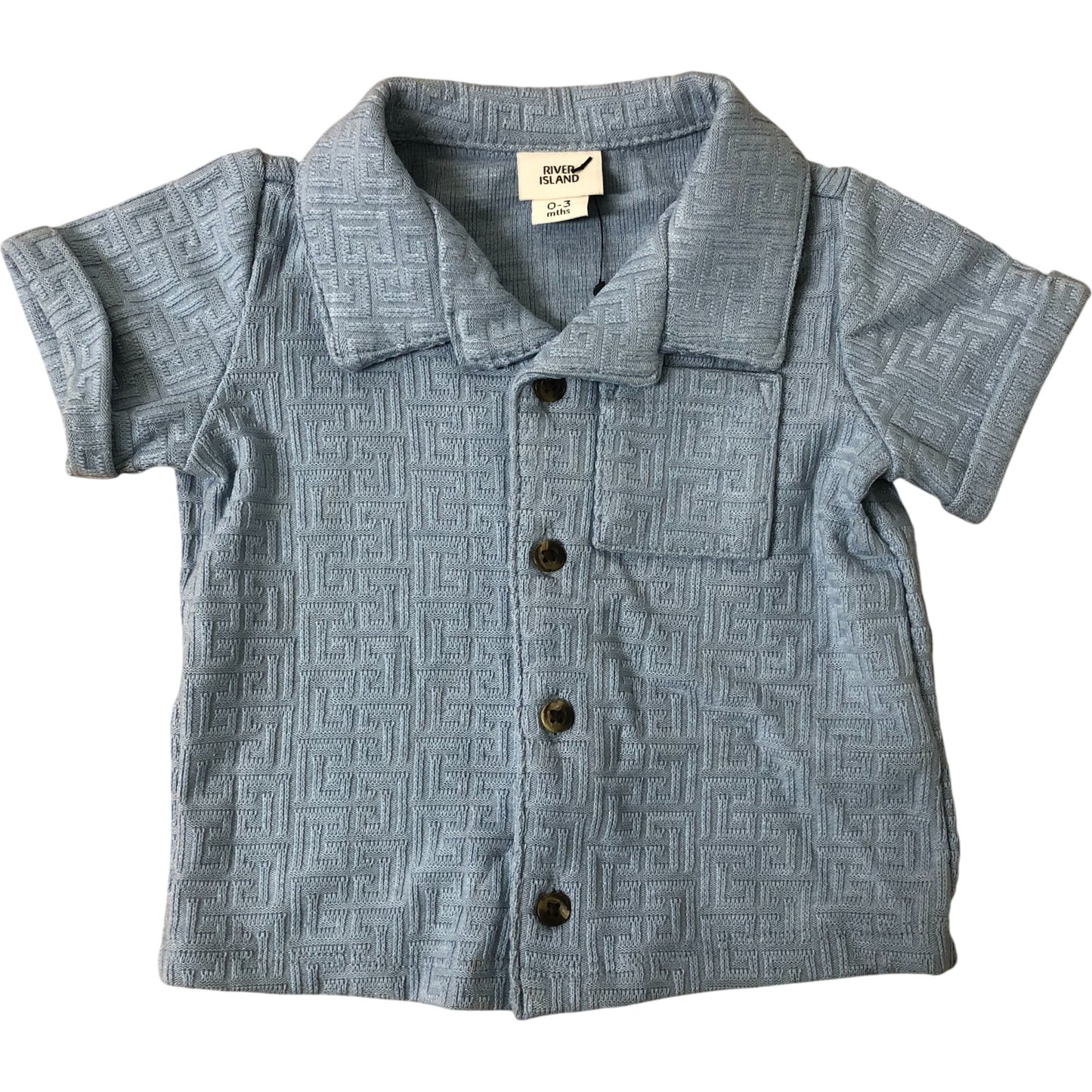 River Island Baby Boy Short Sleeve Shirt 0-3 Months Blue Patterned Button Up