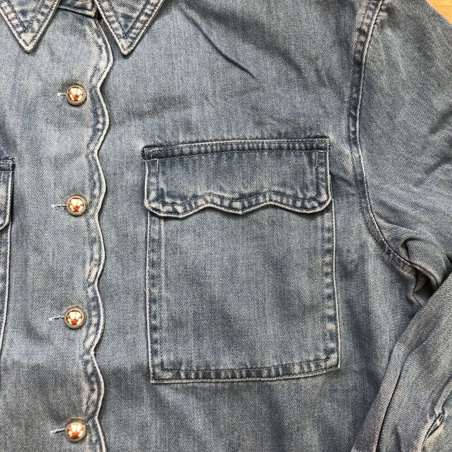 Scallop Trim Denim Shirt Mid Indigo Size M