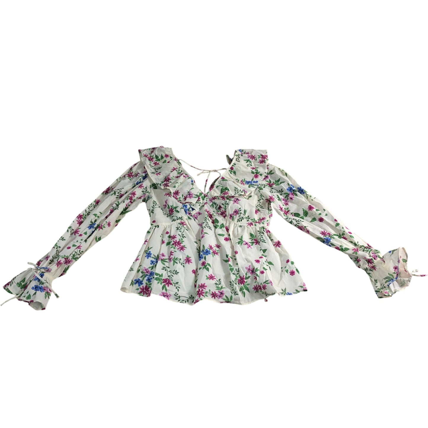 River Island Floral Print Blouse UK10 Women's Cotton V Neck Long Sleeve Ruffle