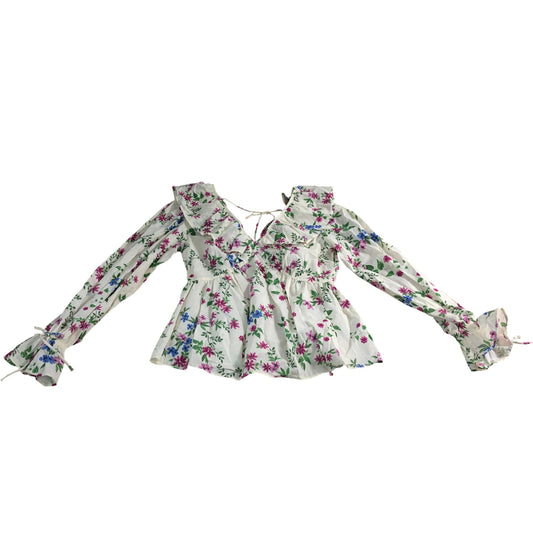 River Island Floral Print Blouse UK10 Women's Cotton V Neck Long Sleeve Ruffle