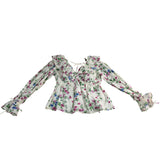 River Island Floral Print Blouse UK10 Women's Cotton V Neck Long Sleeve Ruffle