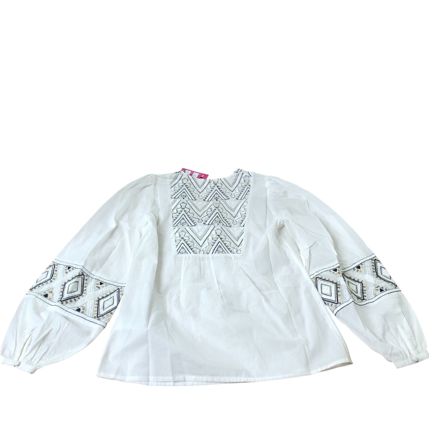 Branded Embroidered Blouse Women's White Long Sleeve Cotton Top UK6