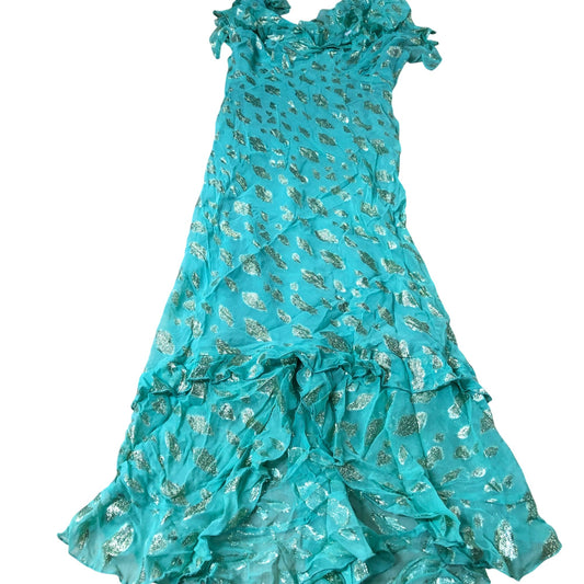 Dress Women's Ruffled V Neck Teal With Gold Foil Detailing UK14