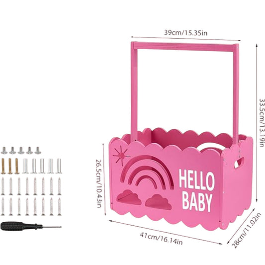 Baby Shower Pink Wooden Storage Basket With Rainbow And Stickers