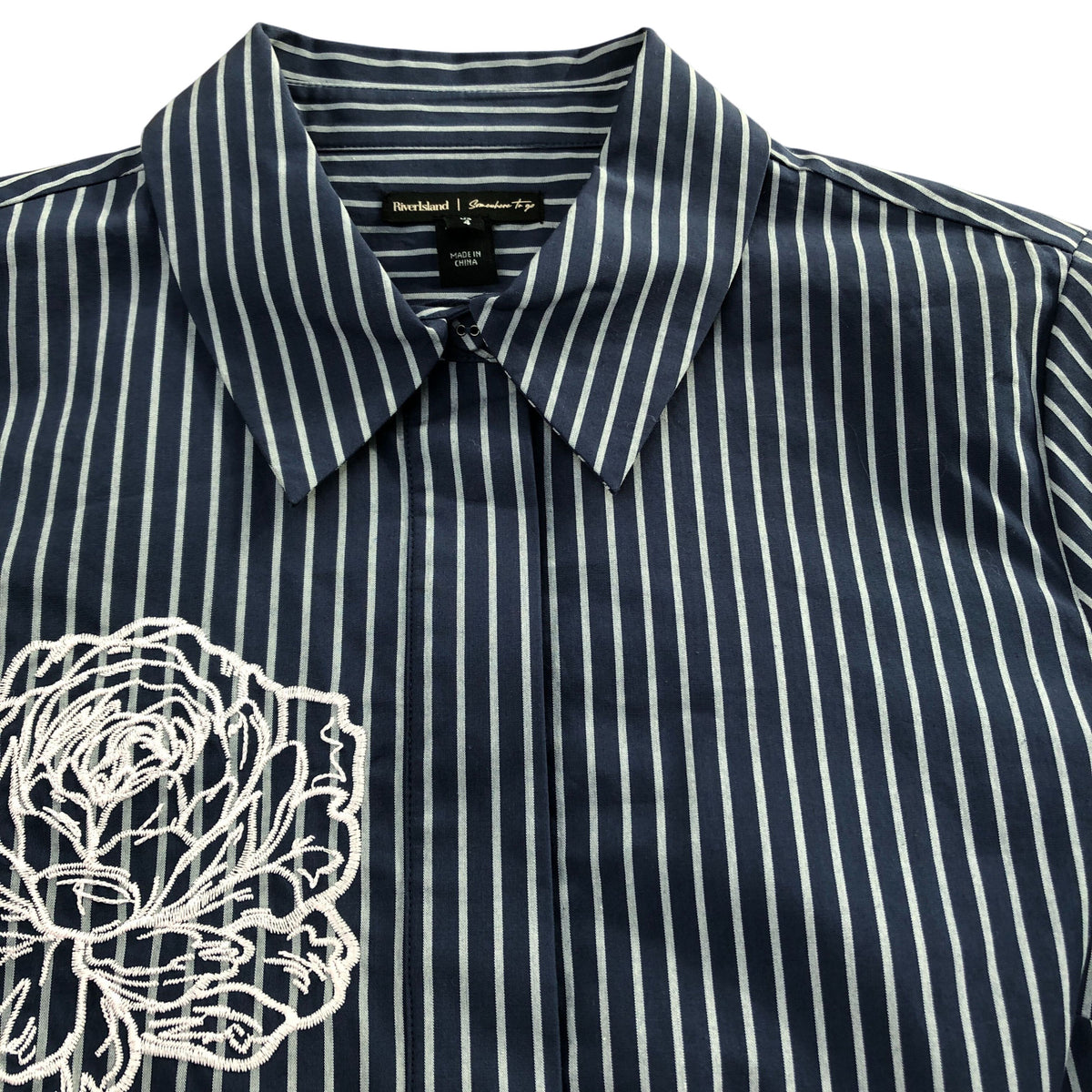 River Island Striped Shirt Ladies Blue White Floral Embroidery Size 8