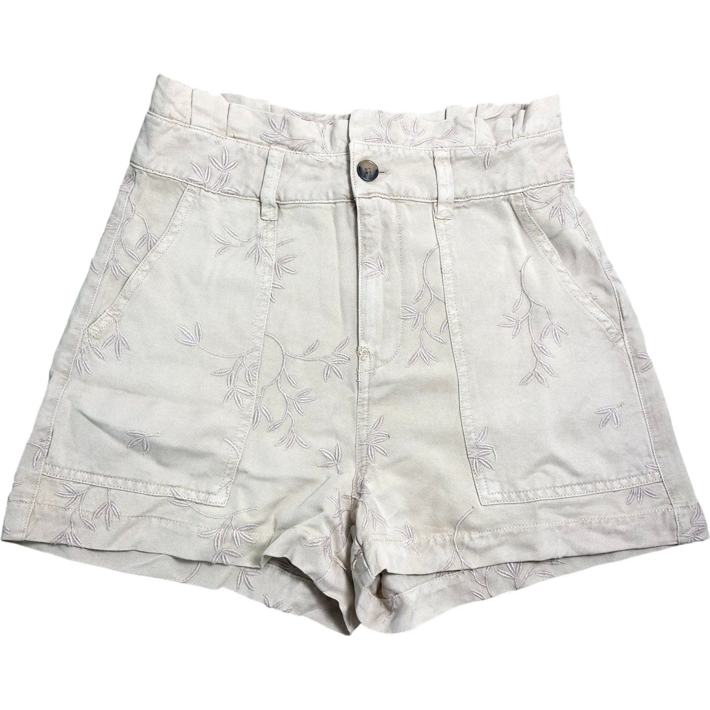Guess Women's S Embroidered Floral Denim Shorts Casual Summer Style Beige