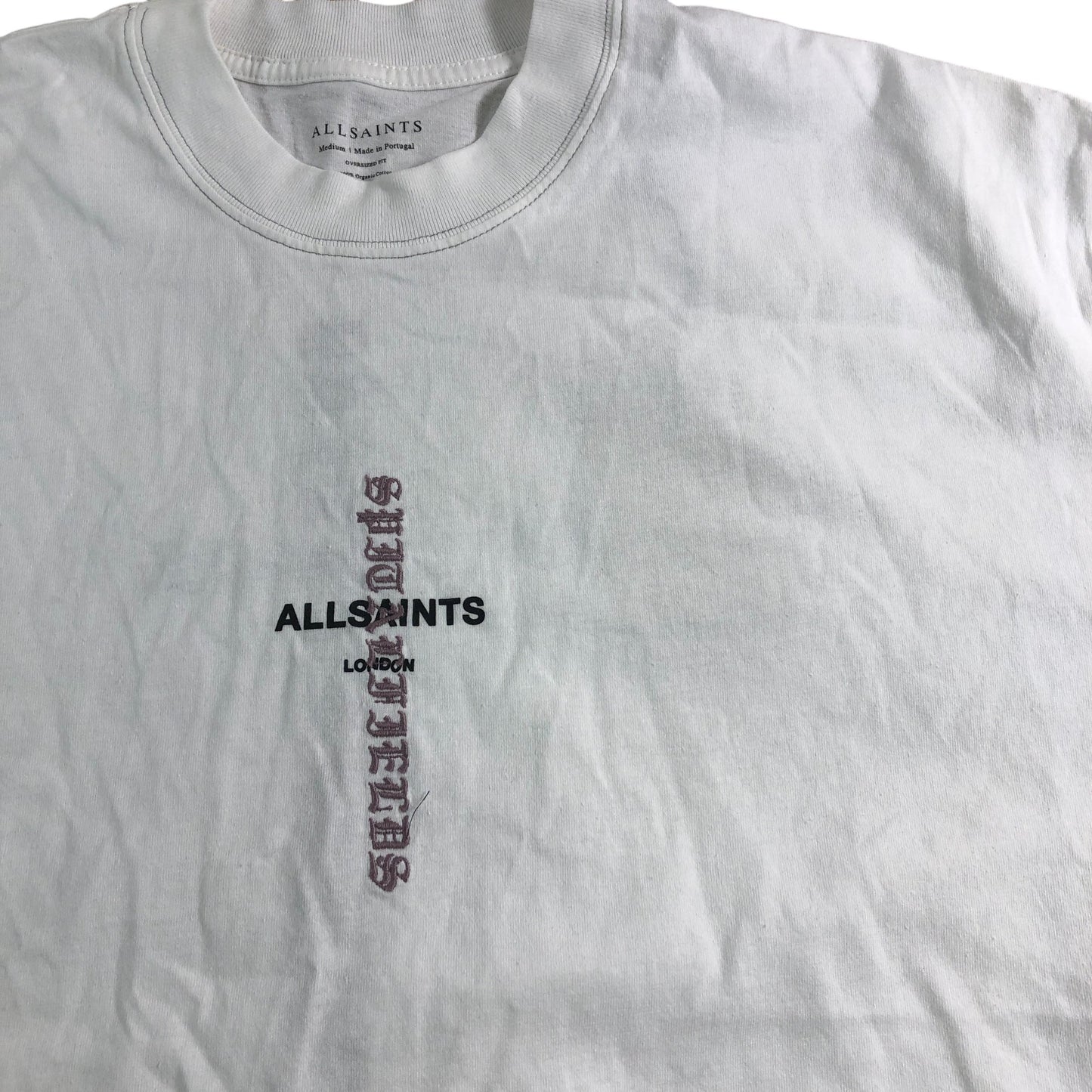 AllSaints Knox SS Crew T-Shirt M Men's White Graphic Print Oversized Fit