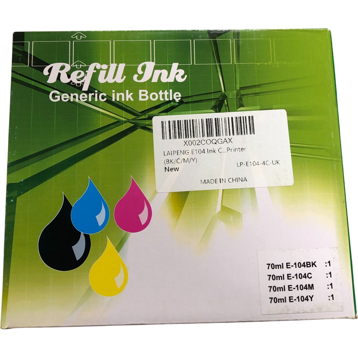 Laipeng E104 Ink Bottle Refill Kit 70ml Black Cyan Magenta Yellow 4 Pack