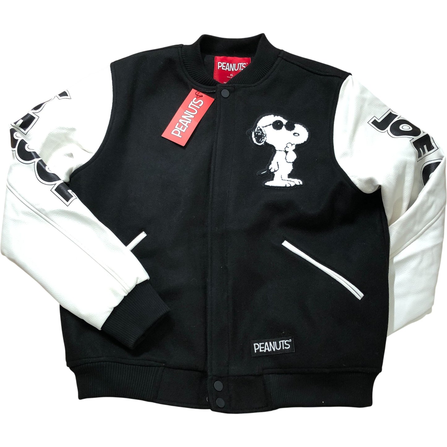 Peanuts Snoopy Varsity Jacket XL Joe Cool Black White Sleeves