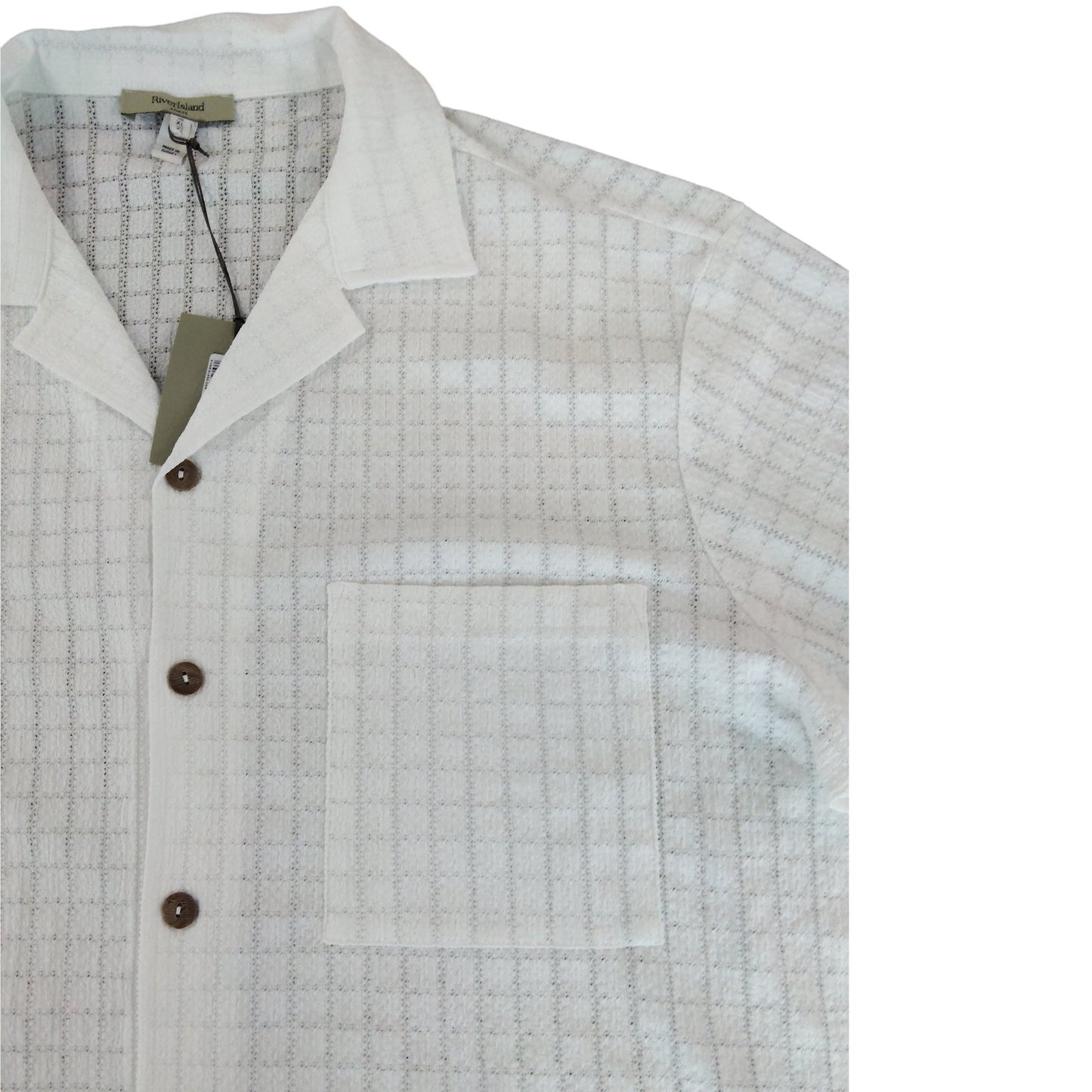 River Island Men's White Check Button Up Shirt UK XL Short Sleeve Casual Top