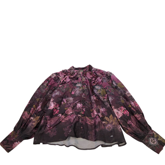 River Island Floral Print Blouse Women's Sheer Long Sleeve Purple Top UK18