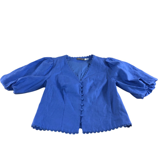V Neck Puff Sleeve Blouse Size S Women's Blue Linen Cotton