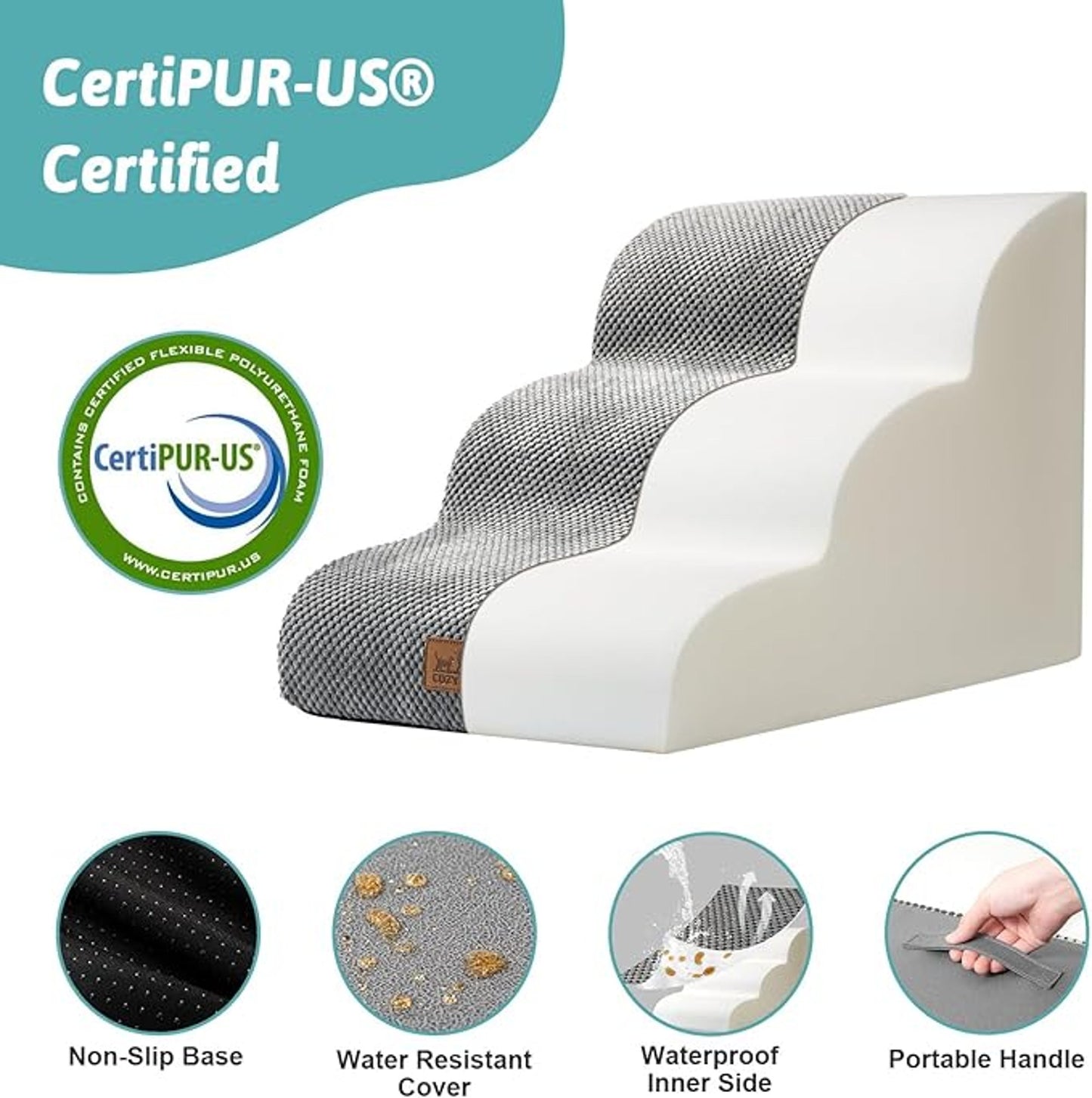 Cozy Kiss Dog 3 Steps Pet Ramp Three Steps Non Slip Lightweight Washable Grey