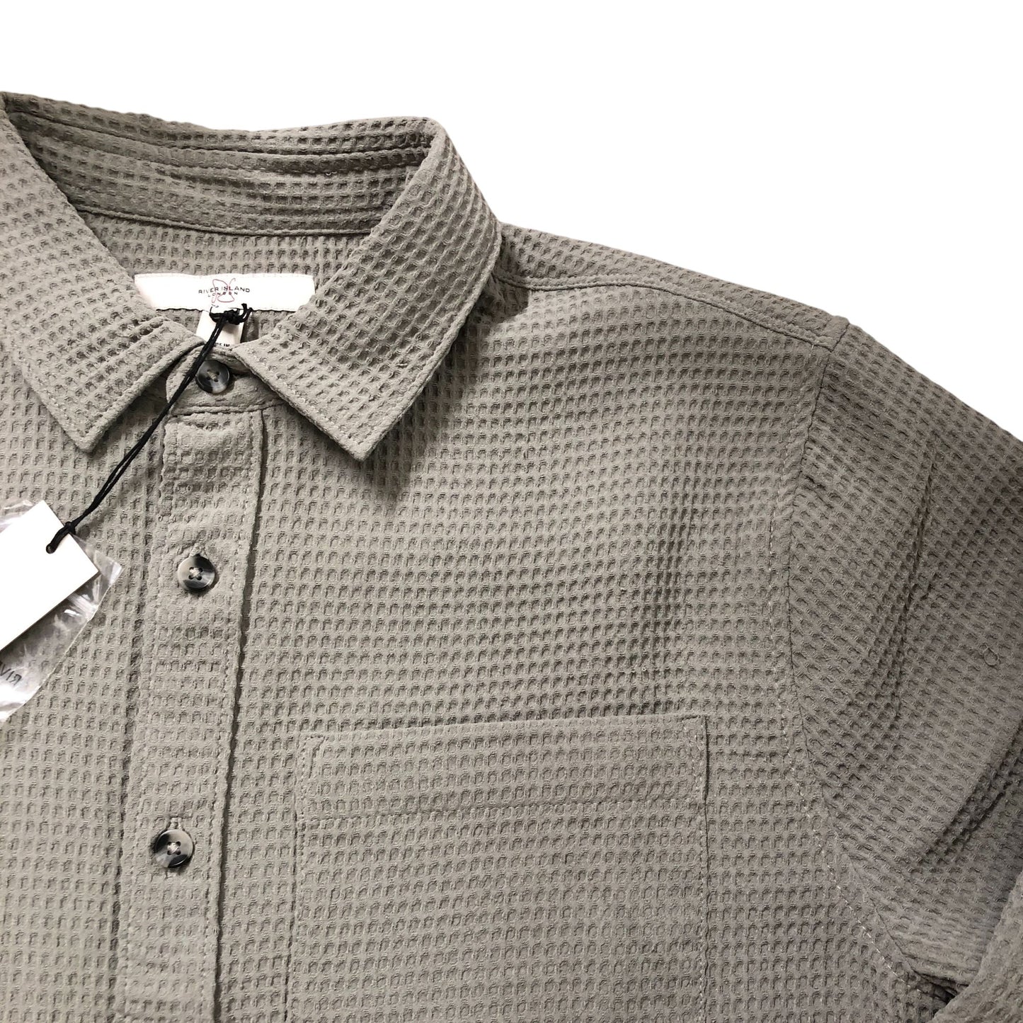 River Island Waffle Shirt L Men's Pale Khaki Casual Top Long Sleeve Button Up