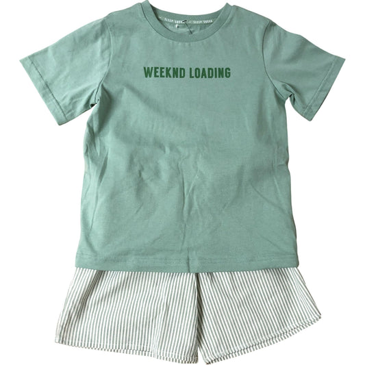 Kids Pyjama Set Size 7-8 Years 'WEEKND LOADING' Green Top Striped Shorts