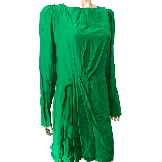River Island Green Viscose Dress UK16 Women's Long Sleeve Pleated Design
